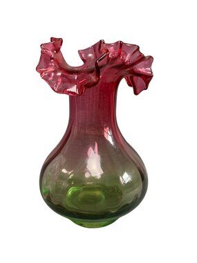 Handblown Green & Cranberry Glass Vase Ruffled Edge - 9 Inches Tall